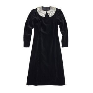 Vtg 1980s Laura Ashley Whimsigoth Midi‎ Dress Womens 10 Black Velvet Lace Collar